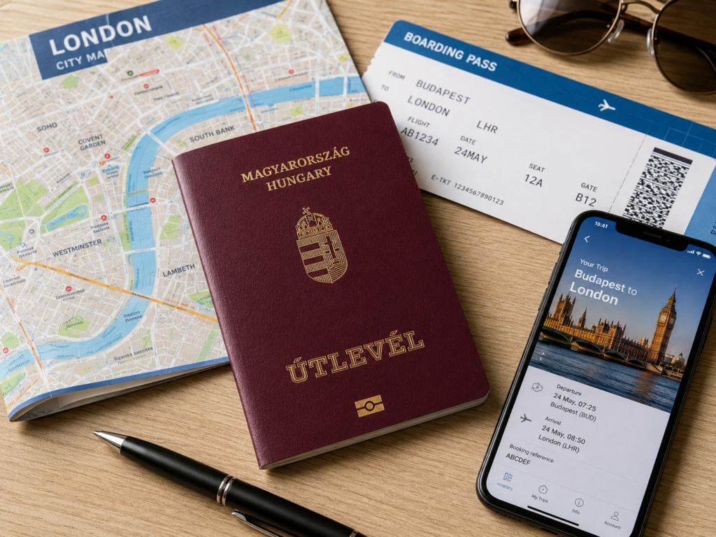 magyar útlevél London térképpel, repülőjeggyel és telefonos utazási appa