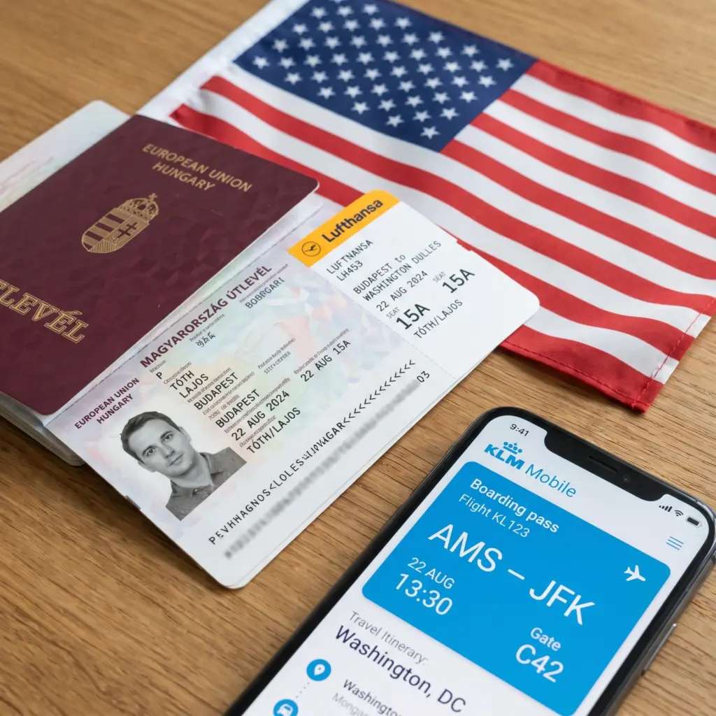 magyar útlevél, amerikai zászló, repülőjegy és telefonos utazási app egy asztalon
